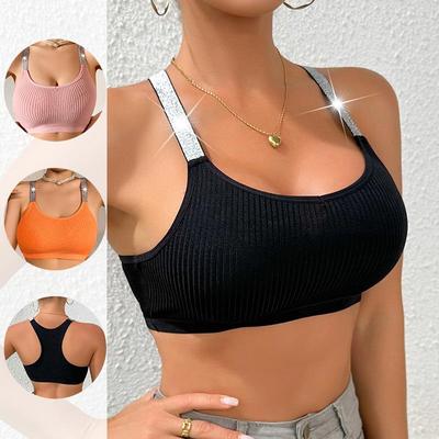 U Neck Silver Ribbon Tank Top Knit Halter Crop Tops Women Summer Camis Chest Pad Camisole Fashion Casual Tube Female Sleeveless Cropped Vest