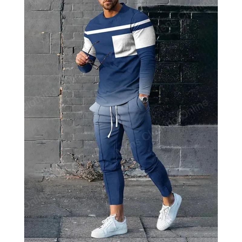 3D Print Stripe Long Sleeve Man’s Suit T-Shirt 2 Piece Set Streetwear Casual Tracksuit Male Oversized Tops Basketball Sweatpant