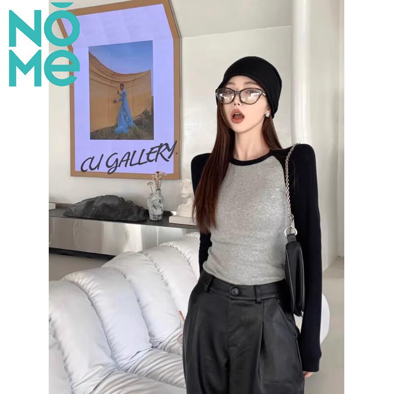 NOME Women s Slim Fit Ribbed Contrast Raglan Long Sleeve T-Shirt L