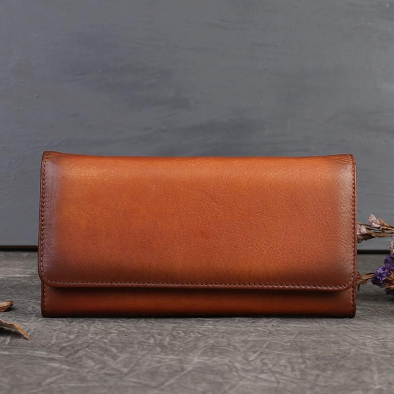 Johnature Retro Genuine Leather Women's Wallet Long Hand Bag Natural Cowhide Solid Color Phone Purse Card Holder