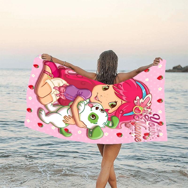 1pc Princess Strawberry Beach Towel with Custom Name, Beach and Seaside Swimming Pool Equipment, Fashion Pattern, Rectangular, Travel Essential