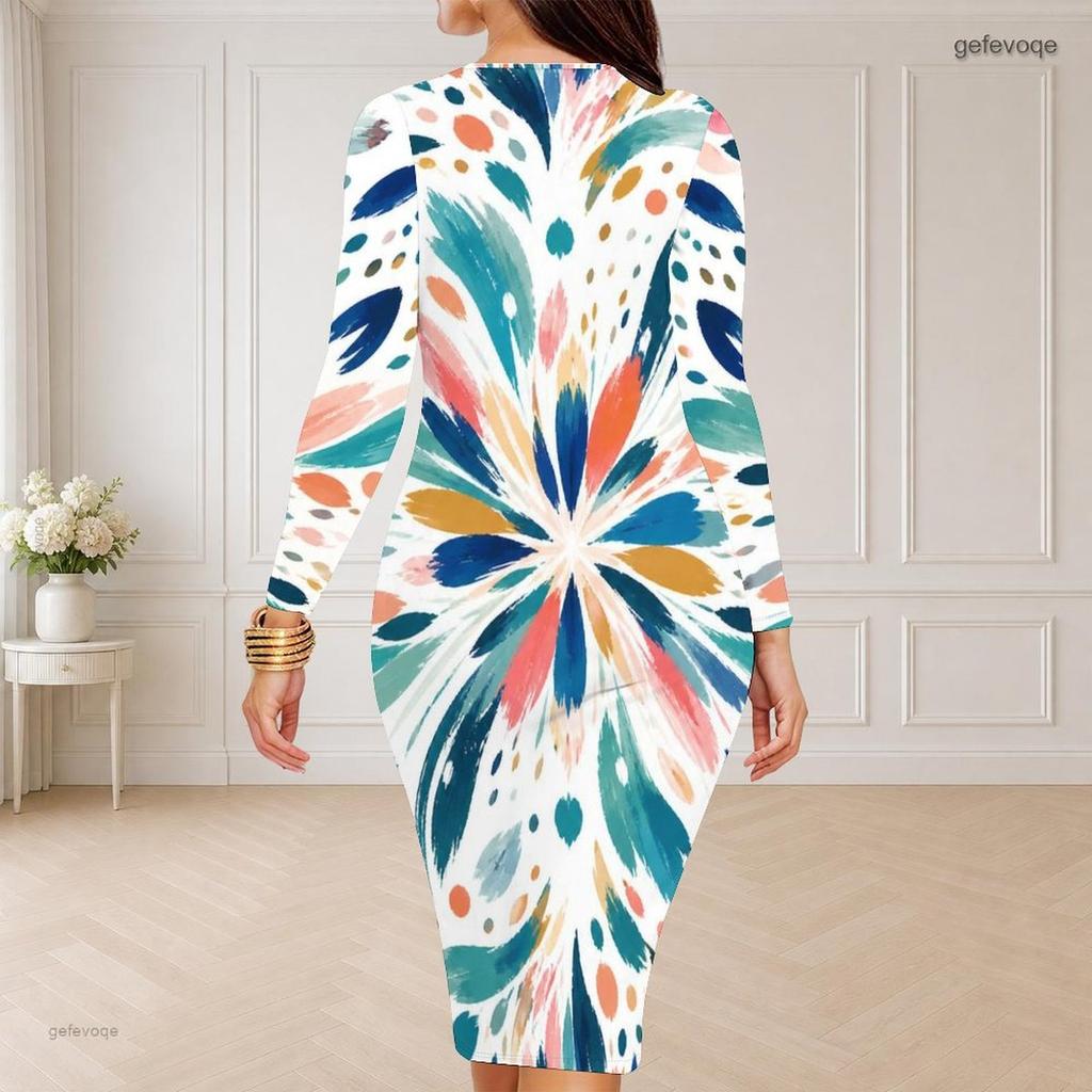 Women Plus Size Round Neck Long Sleeve Colorful Printed Bodycon Midi Dress