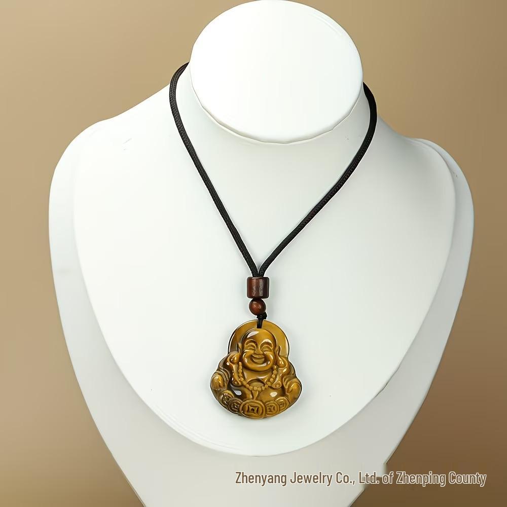Tiger's Eye Maitreya Buddha Pendant Necklace with Jade and Wood Elements.