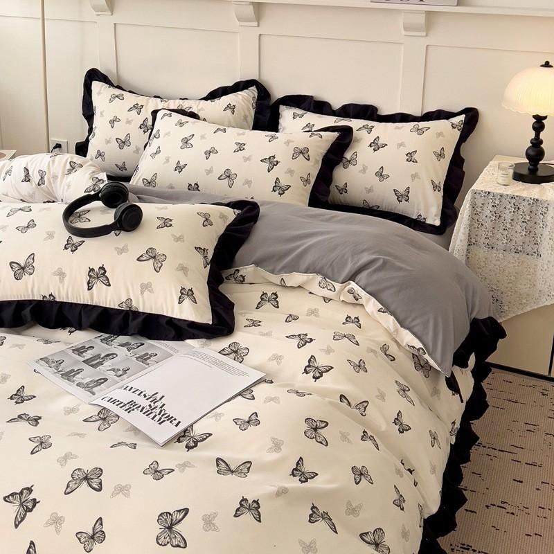 Washed Cotton Ruffle Bedding Set French Hepburn Style Floral Sets