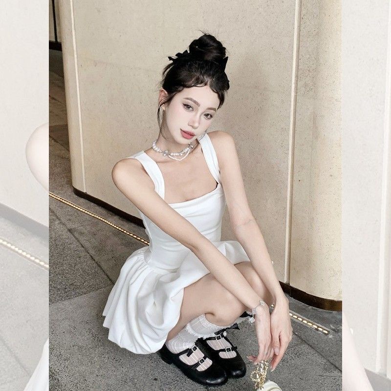 Summer White Polyester Spliced Sleeveless Aline Dress For Petite Women