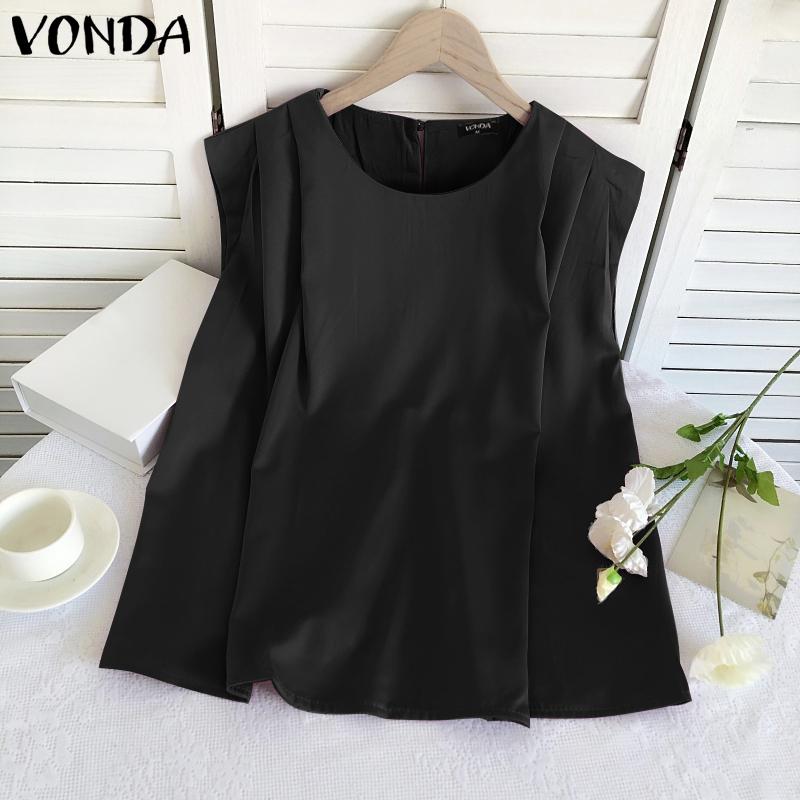 VONDA Women Summer Round Neck Sleeveless Solid Color Vests