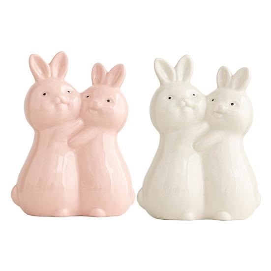 Yousheng Easter Hugging Rabbit Ceramics Figurine Miniature Pink White Couple Bunny Statue Home Office Desktop Decoration Ornament