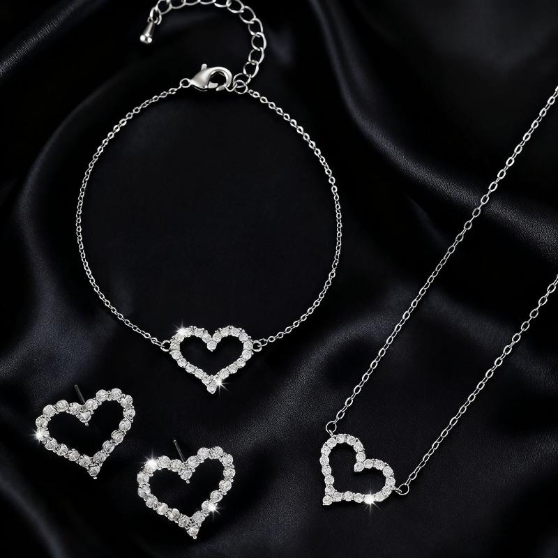 Full Diamond Hollow Heart Necklace Earring Set Lightweight Fashion Alloy Jewelry for Teen Girls Daily Accessory