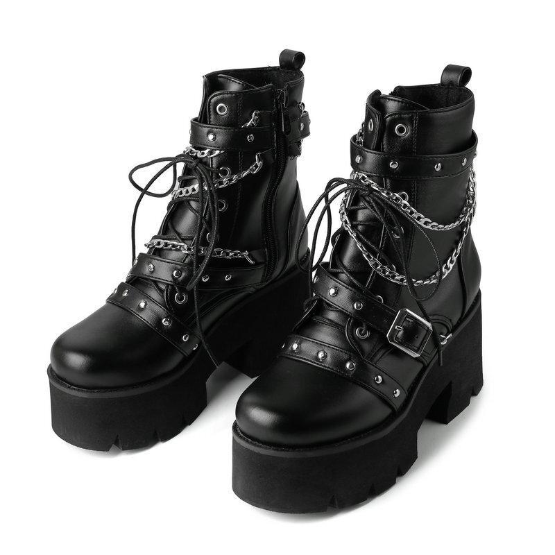 Schwarze Martin-Stiefel Damen Herbst und Winter neu Britischer Stil eckige Spitze Lederstiefel hoher Absatz vielseitige Plateau-Kette Lokomotiv-Kurzstiefel