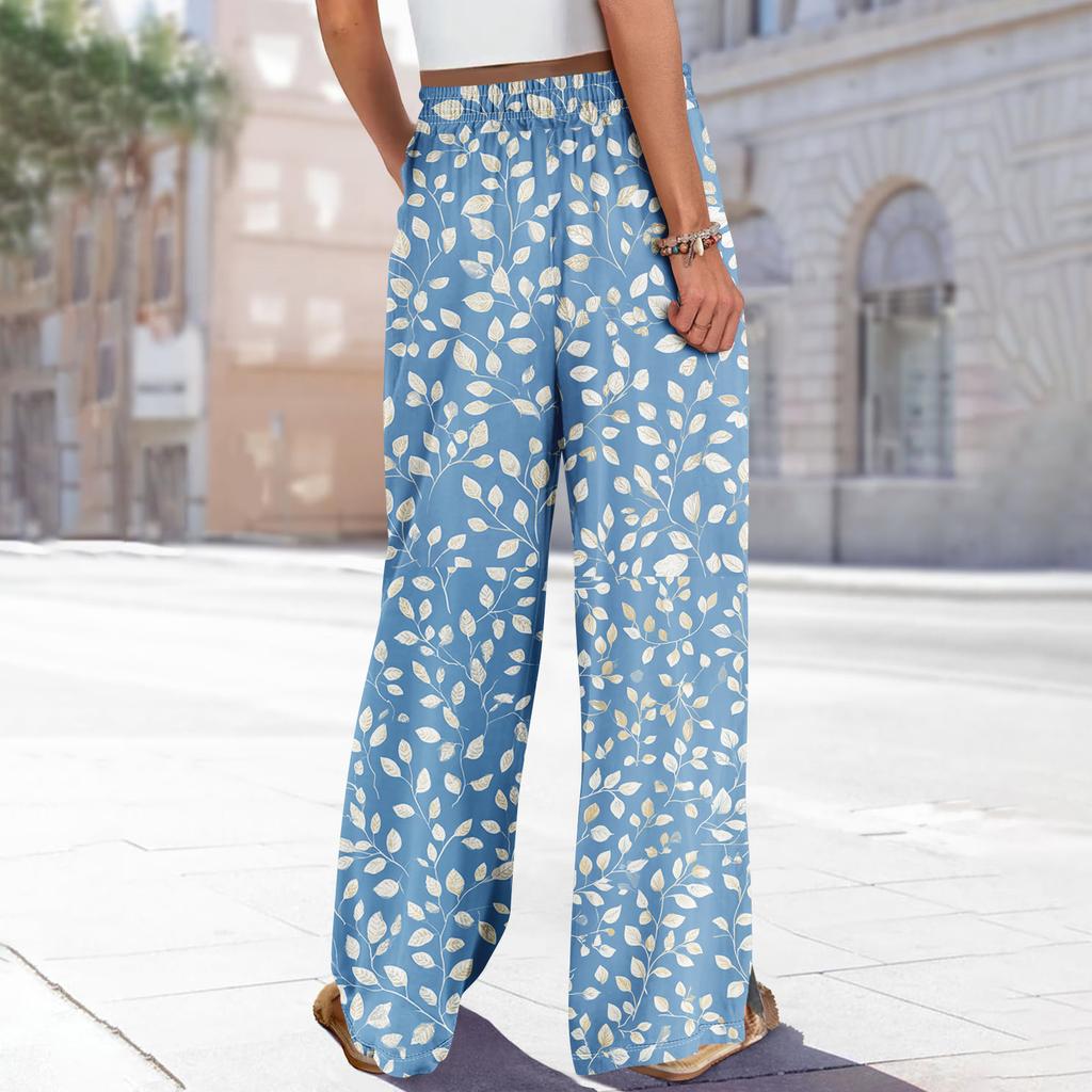 Damen Sommer Boho Palazzo Hose Hohe Taille Weites Bein Blumendruck Freizeithose Mit Taschen