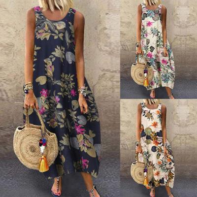 Women Vintage Sleeveless O Neck Leaves Floral Print Cotton Linen Long Baggy Dress