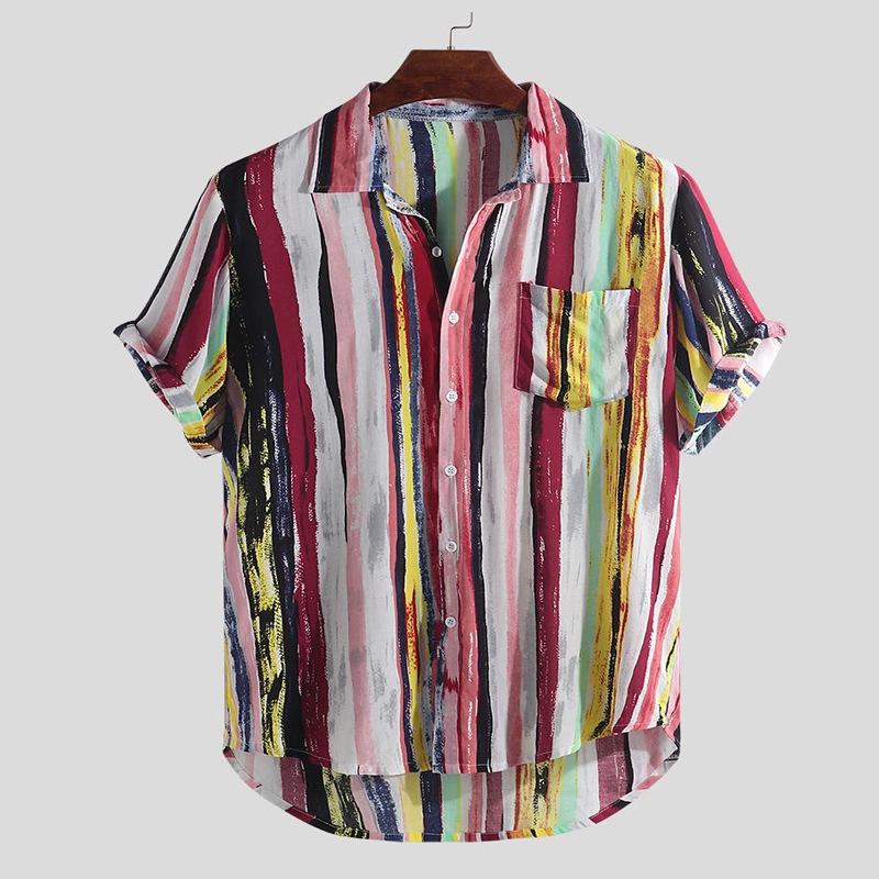 Summer Men's Loose Casual Striped Short-sleeved Men's Shirt Beach Printed Shirt