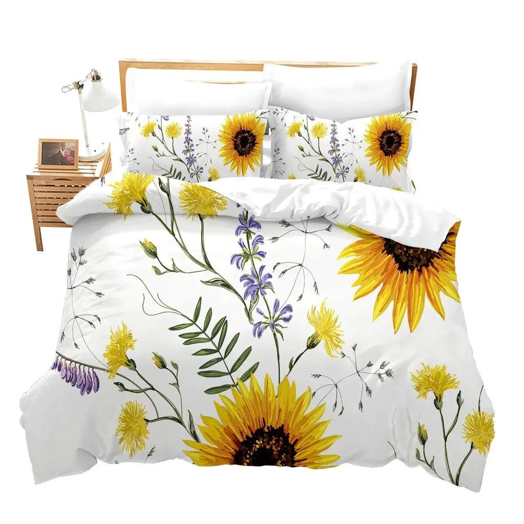 Sunflower Cow Bedding Set Kids Yellow Floral Cattle Duvet Cover King/Queen Size for Girls Teens,Western Bull Decor Quilt Cover