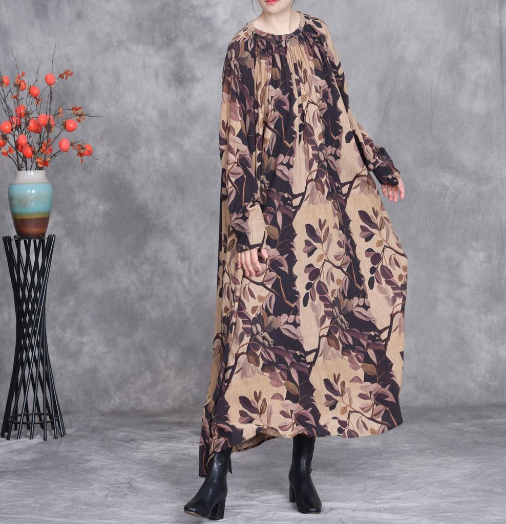 Johnature Women Spring Print Floral Dresses O-Neck Long Sleeve High Quality Loose Soft Women Long Dresses