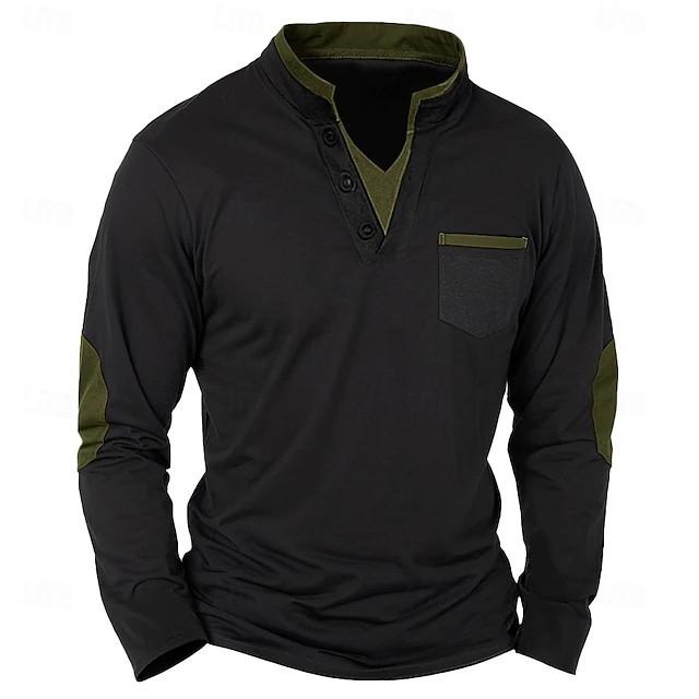 Spring and Autumn Men's Outdoor Retro Patchwork Top Daily Outdoor Casual Long Sleeve T-Shirt