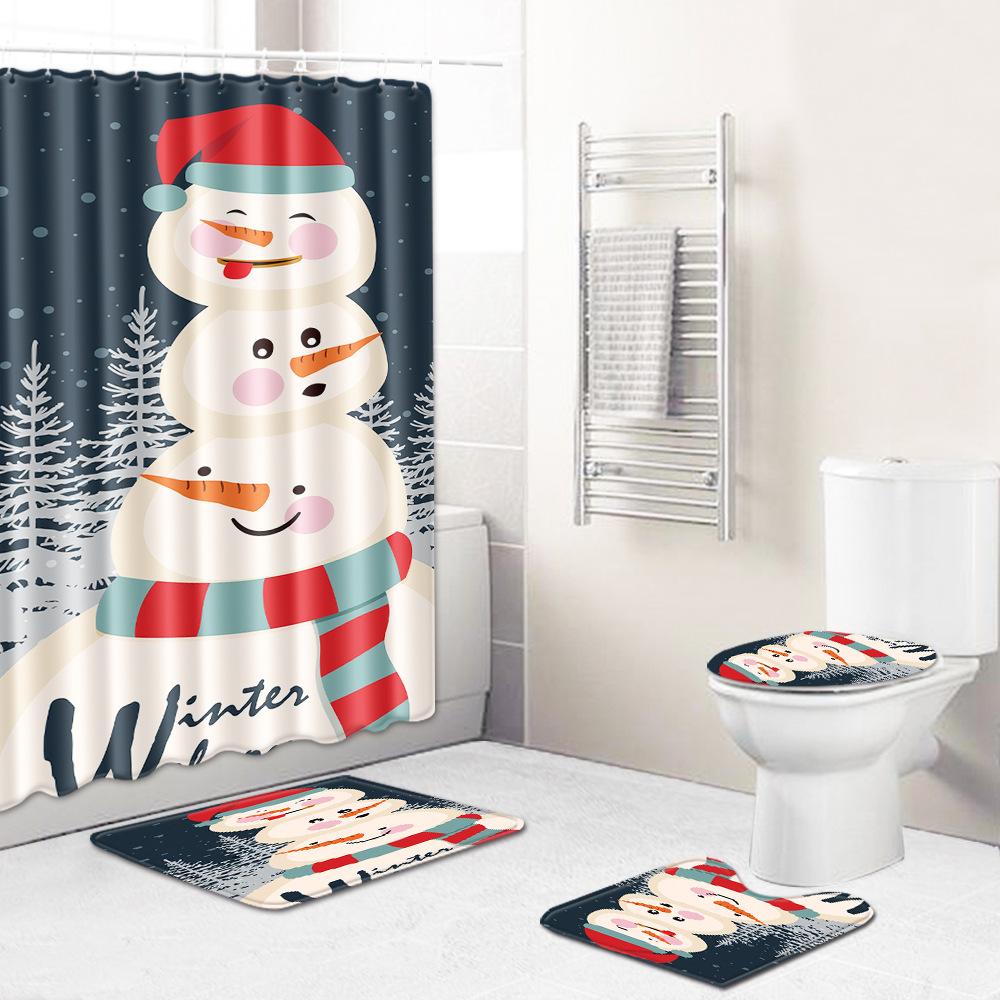 Christmas Home Door Mat Bathroom Toilet Shower Curtain Four-Piece Floor Mat Bedroom Absorbent Carpet