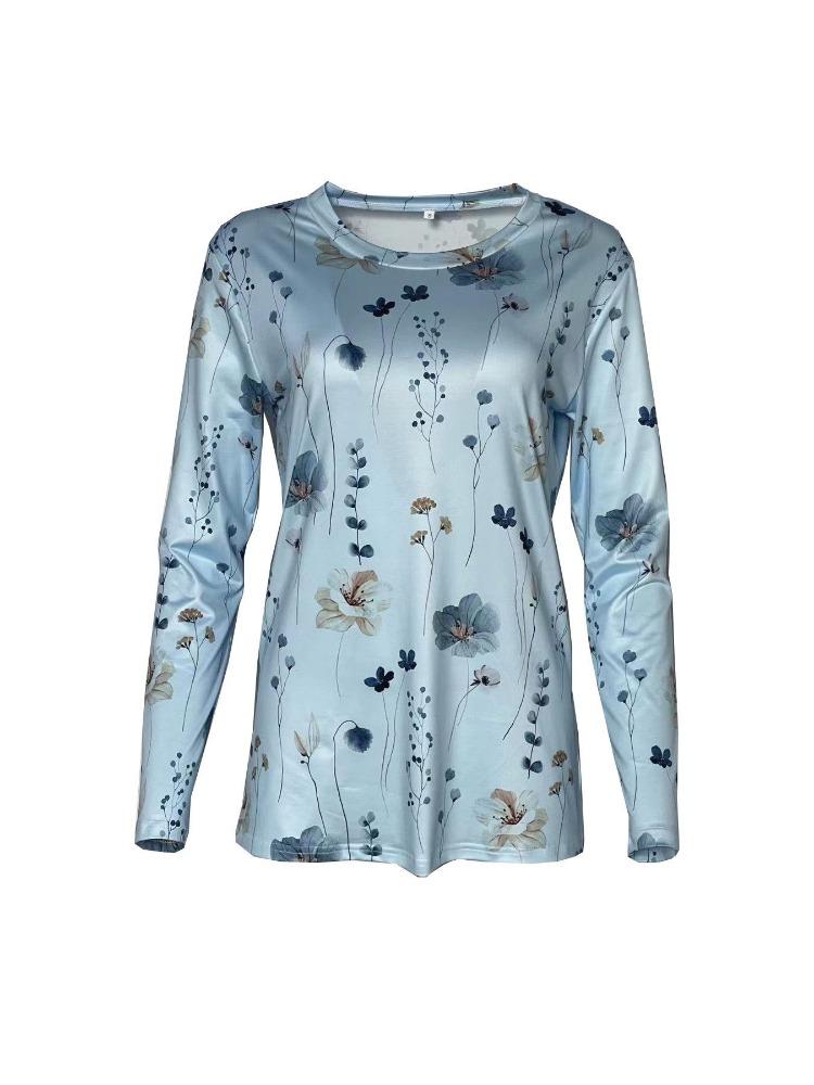Fashion Women Long Sleeve Cross Border Floral Print Trendy T-Shirt European American
