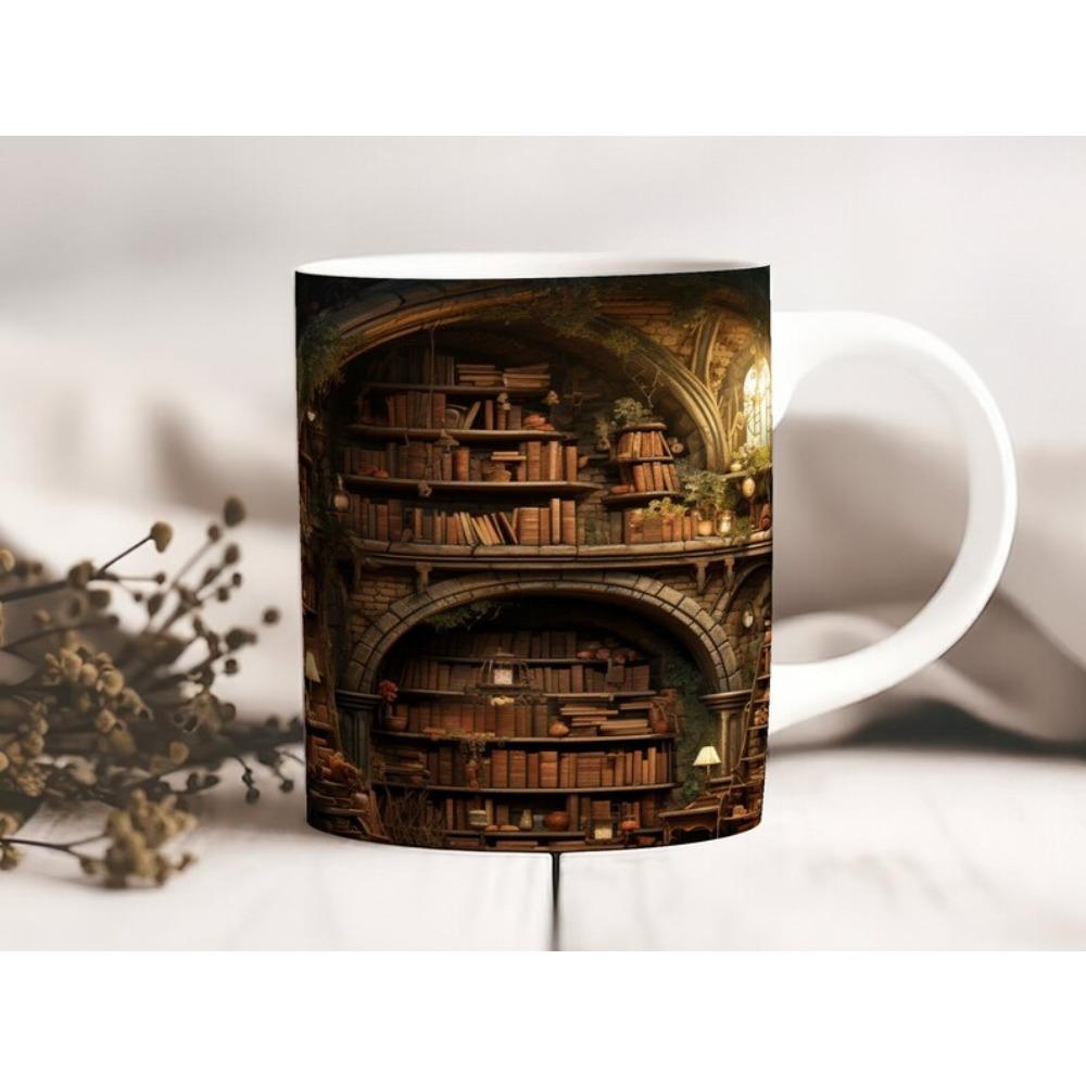 Library ceramic coffee mug bookshelf book fan tea cup reading
