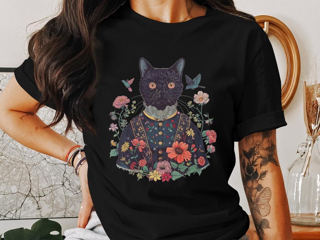 Whimsical Cat in Vintage Floral Outfit T-Shirt, Cottagecore Aesthetic Cat Lovers Shirt, Unique Artistic Cat Tee, Retro Cat Apparel