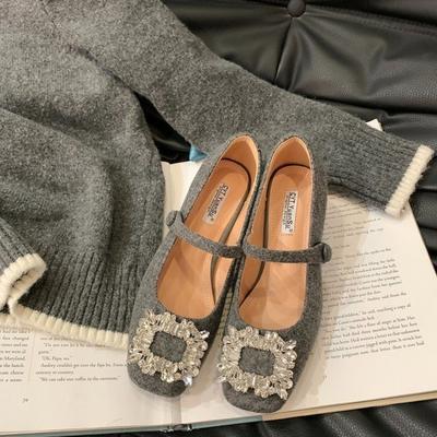 Damenmode Einzelne Schuhe mit eckiger Zehenpartie und flachem Ausschnitt, künstliches kurzes Plüschfutter, einteilig, Strassdekoration, Partyschuhe für Damen