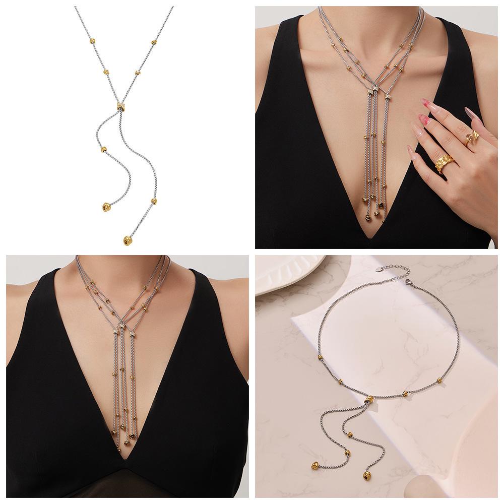 Two-tone Zircon Pull-out Necklace: European & American Style, Stainless Steel, Niche Ins Design, High-end Jewelry