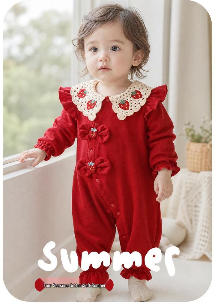 Youqi Infant Red Romper: Full Moon, 100 Days, First Birthday Formal Wear - Long Sleeve Autumn Jumpsuit