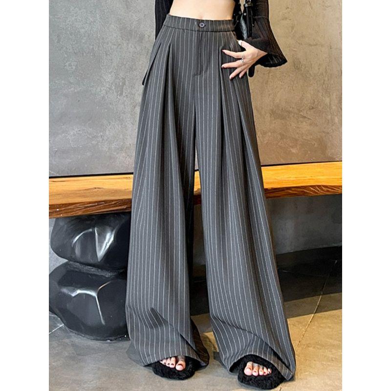 

Classy Gray Stripes Suit Pants Women s Summer 2025 New Arrival High Waist Slim Looking Straight Drooping Mop Wide Leg Pants Gray little man L