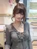 Korean Style V-Neck Lace-Up Lace Trim Long-Sleeve Thermal Top for Women