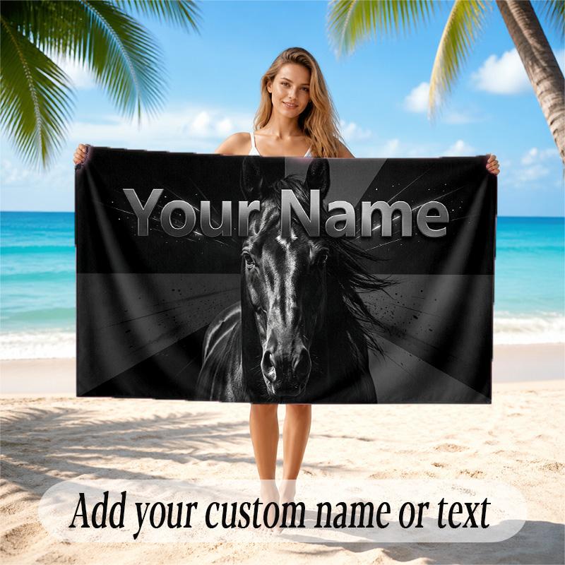 Horse Theme Quick Dry Beach Towel Custom Name Text Print Large Sand Resistant Towel Beach Vacation