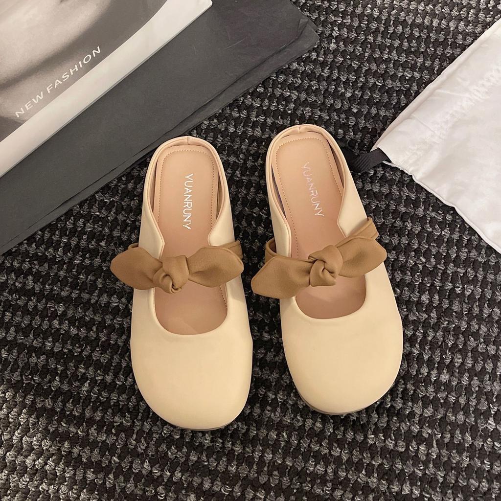 Soft-soled Bag Head Slippers Women's Lazy Shoes 2025 Summer New French Bow One-pedal Half-support Single Shoes