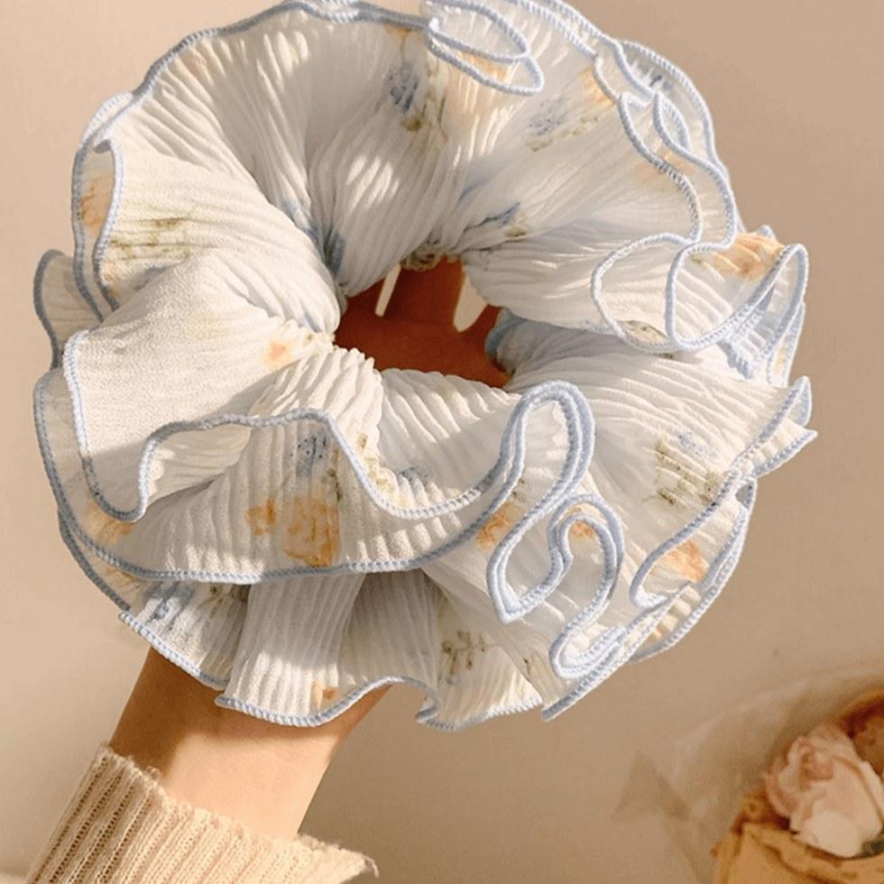 Soft Blue Floral Scrunchies Extra Large Gentle Style Elastic Hair Bands Women Daily Hair Accessories