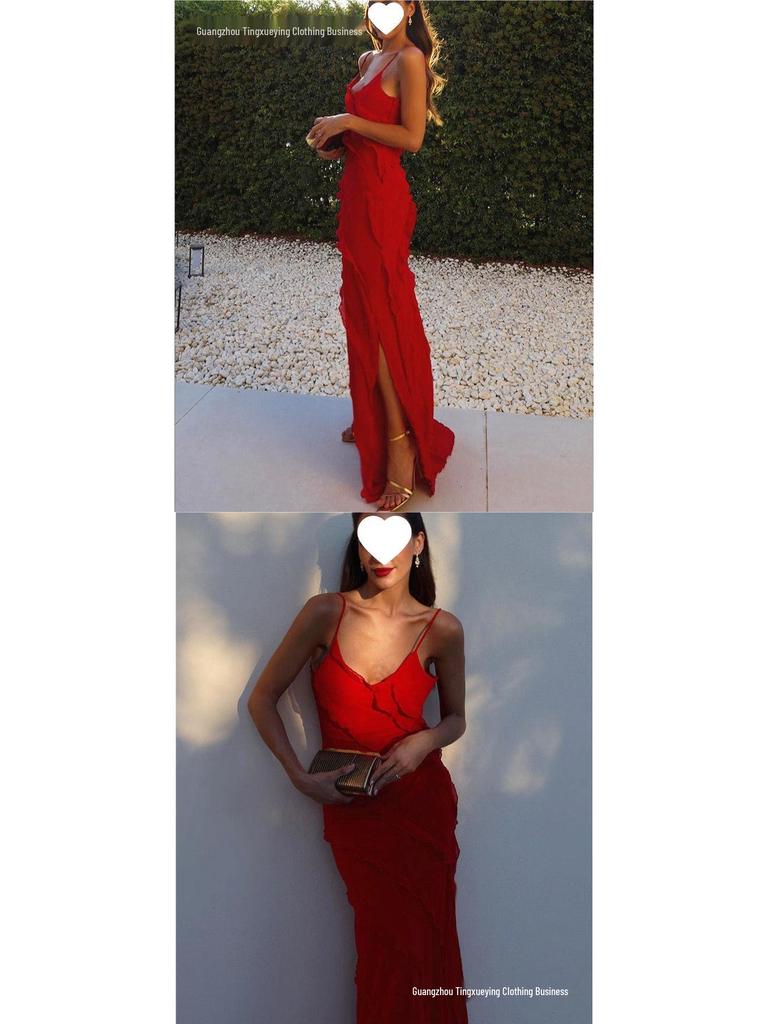 European-American Backless Spaghetti Strap Wave Slim-Fit Slit Maxi Dress