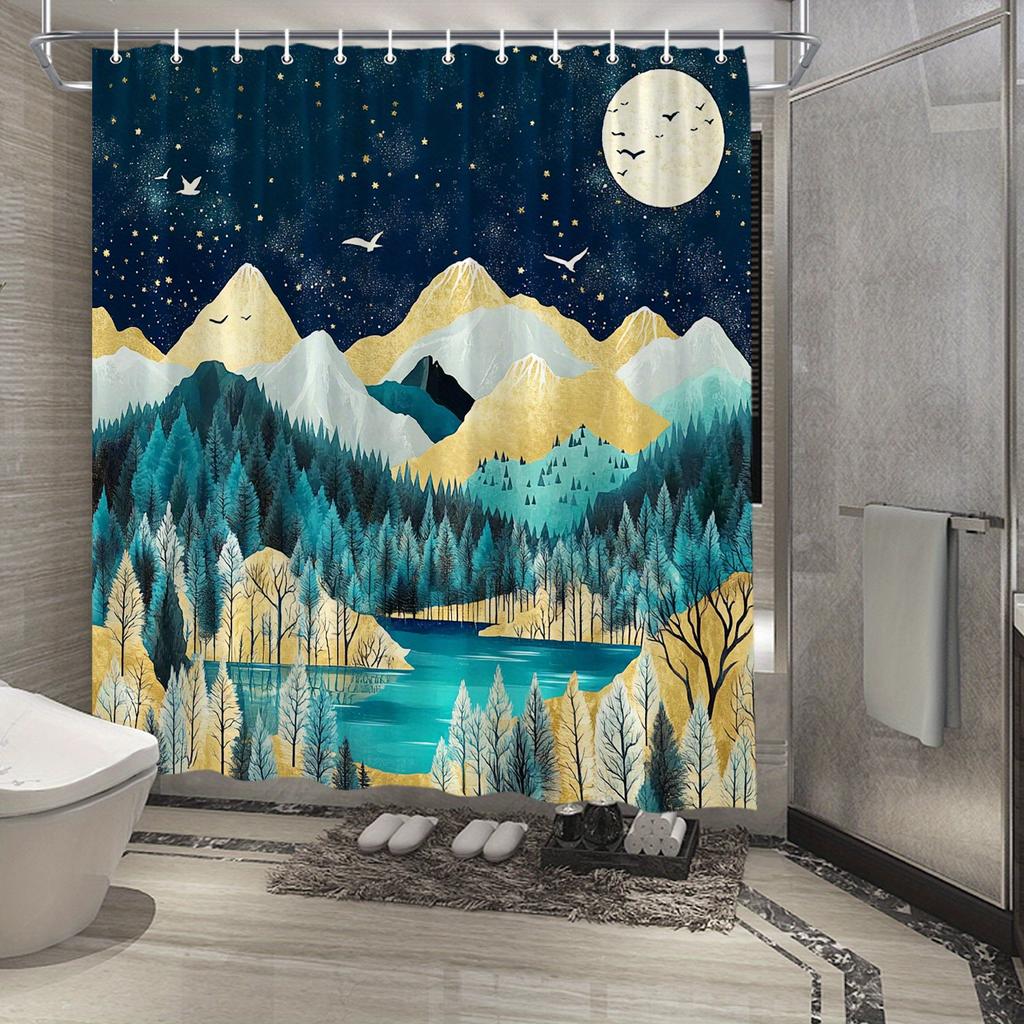 1pc Starry Mountain Landscape Shower Curtain - Golden Peaks & Teal Lake, Moonlit Night Design, Polyester, Stylish Bathroom Decor