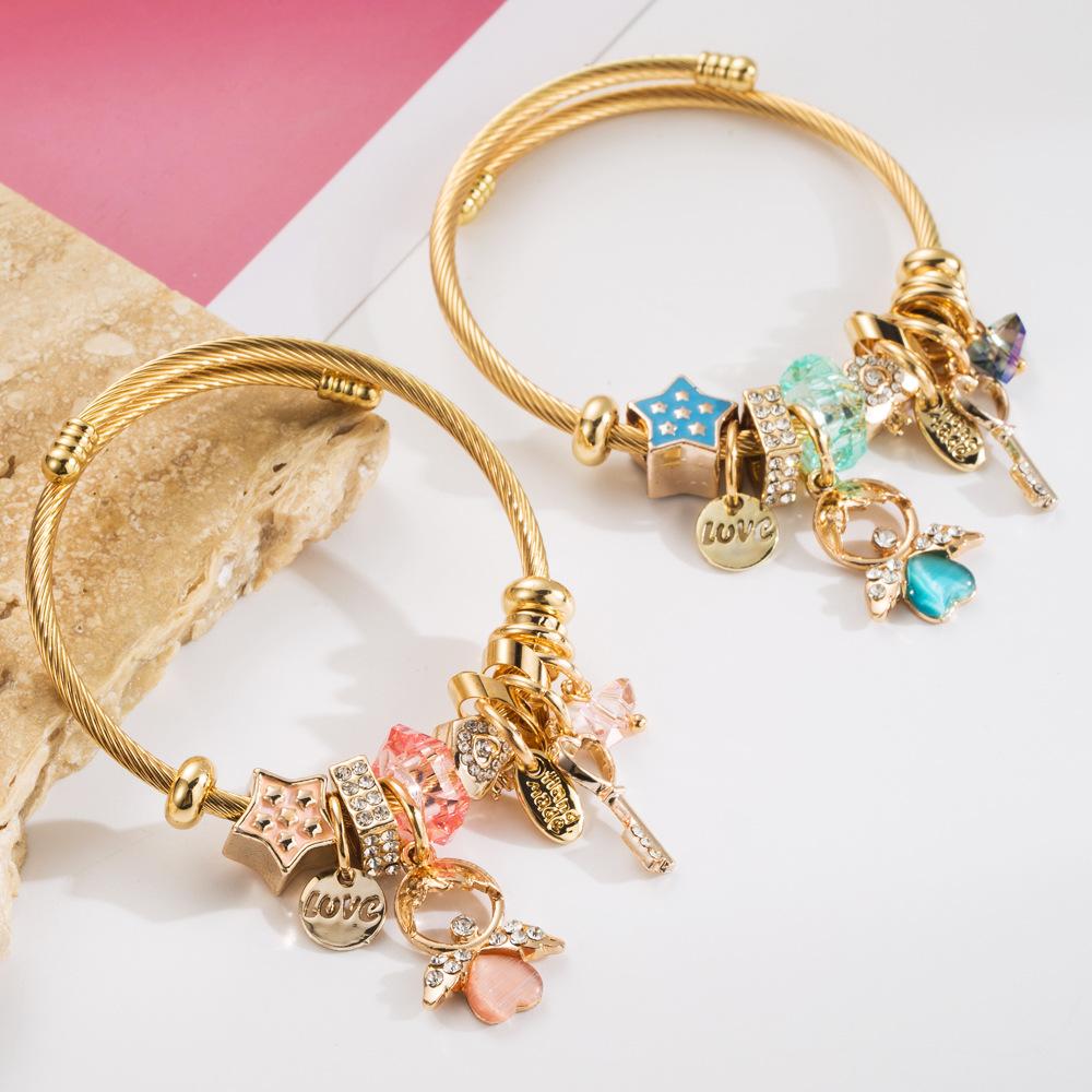 Women Rhinestone Angel Key Star Pendant Adjustable Bracelet