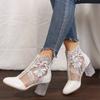 Floral Print Lace Ankle Boots - Women's Square High Heel Shoes, Round Toe, Back Zipper