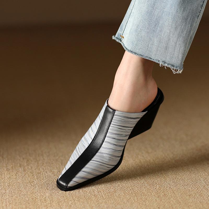 2024 New Genuine Leather Shoes Women Slippers Wedges High Heels Pointed Toe Mules Ladies Office Dress Shoes Slides Women