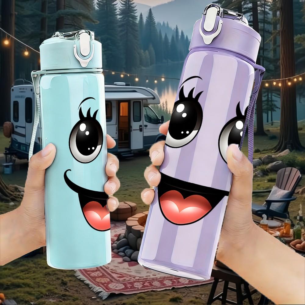 1PC Cute Smiley Tongue Face Print 750ml Color Plastic Sports Water Bottle Leakproof Flip Straw Lid Suitable for Sports Office Home Use