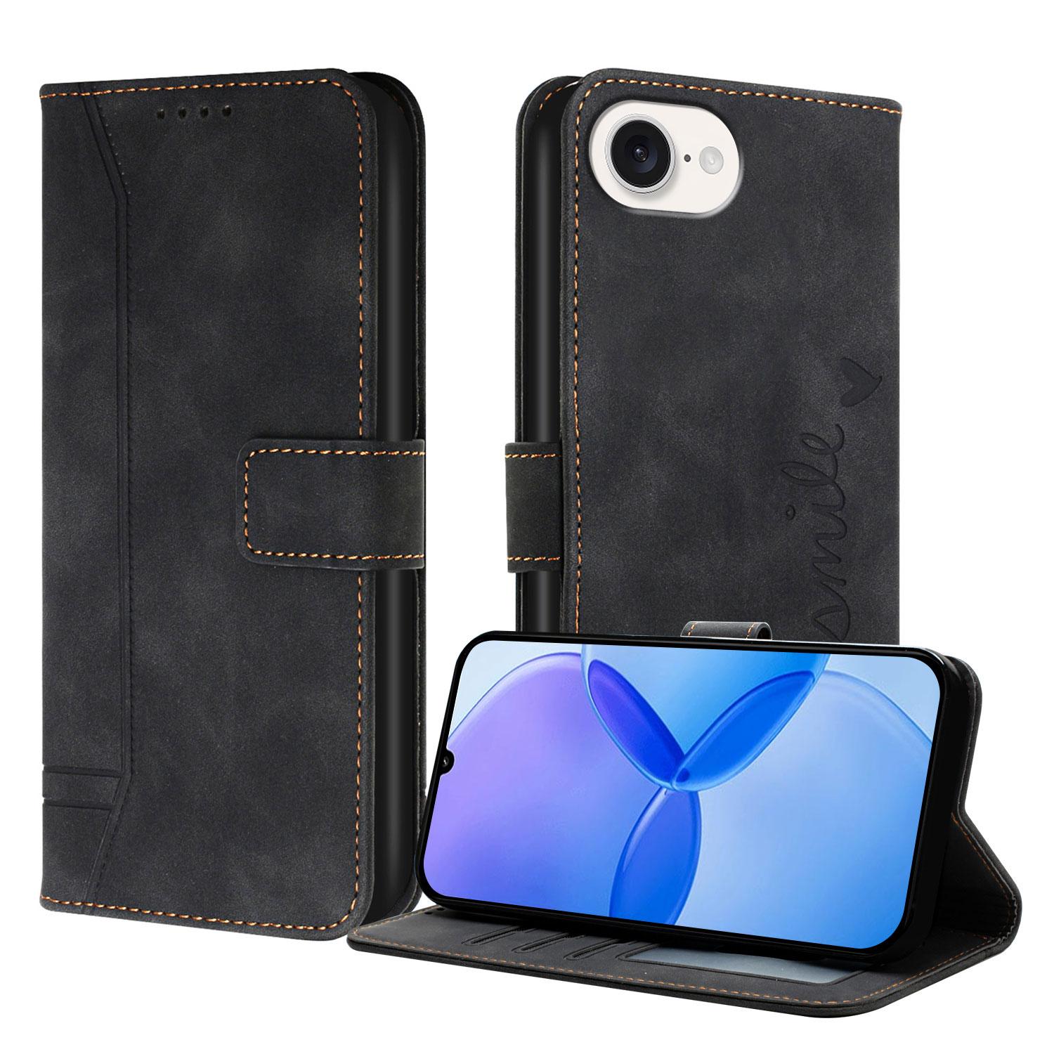 

Магнитный кожаный чехол-кошелек для iPhone 16e 16 15 14 13 12 11 X XS XR 8 Plus Pro Max | Откидная крышка с принтом улыбки и держателем для карт For IPhone 16 Pro чёрный