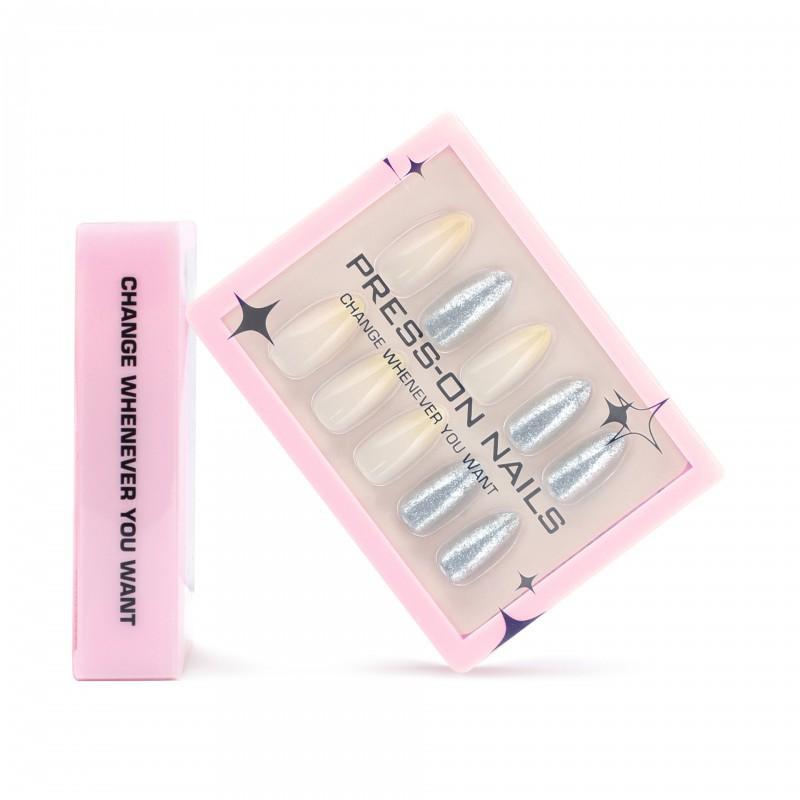 

Silver Glitter Full Powder Wearable Nail With A High-end Gradient Art Fake Nails Cross-border Hot Selling Pieces