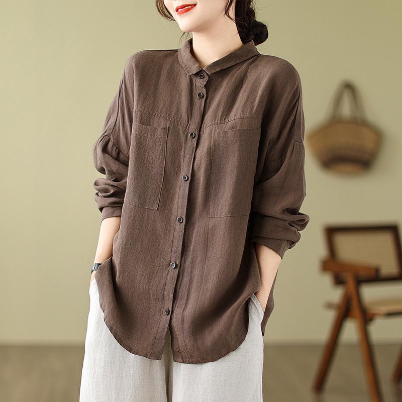 Women's Casual Shirt Spring Loose Solid Color Cotton and Linen Lapel Long-sleeved Shirt