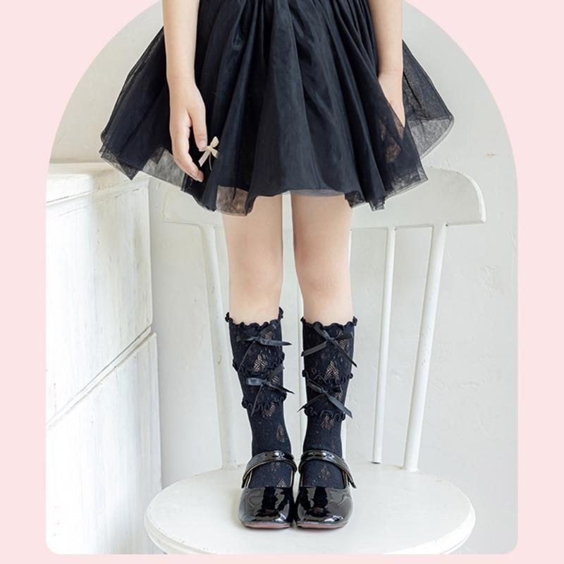 Cotton Girls Socks, Spring Thin Style In Tube Socks 3-Layer Lace Bowknot Charm Stackable for Kids 3-13T
