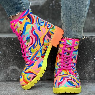 Damen Abstrakte Farbe Klobiger Absatz Stiefel, Mode Schnürstiefeletten, Bequeme Stiefeletten