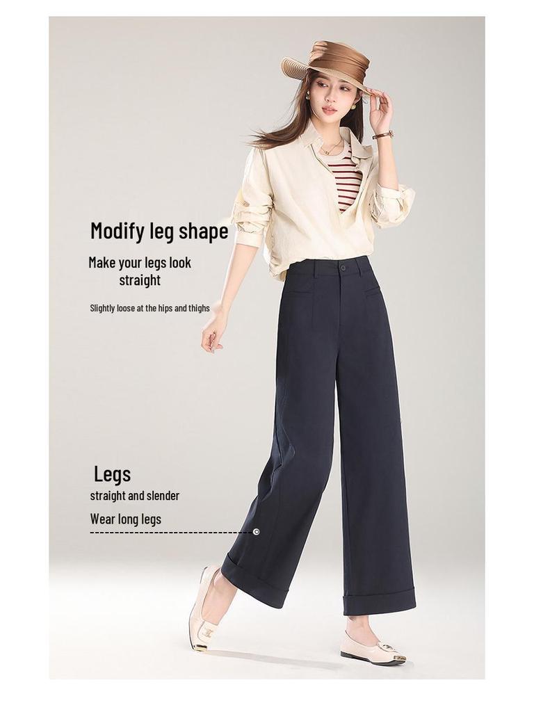 Beige Turn-Up Wide-Leg Cropped Pants - Women's 2025 Spring/Autumn Casual Loose Fit