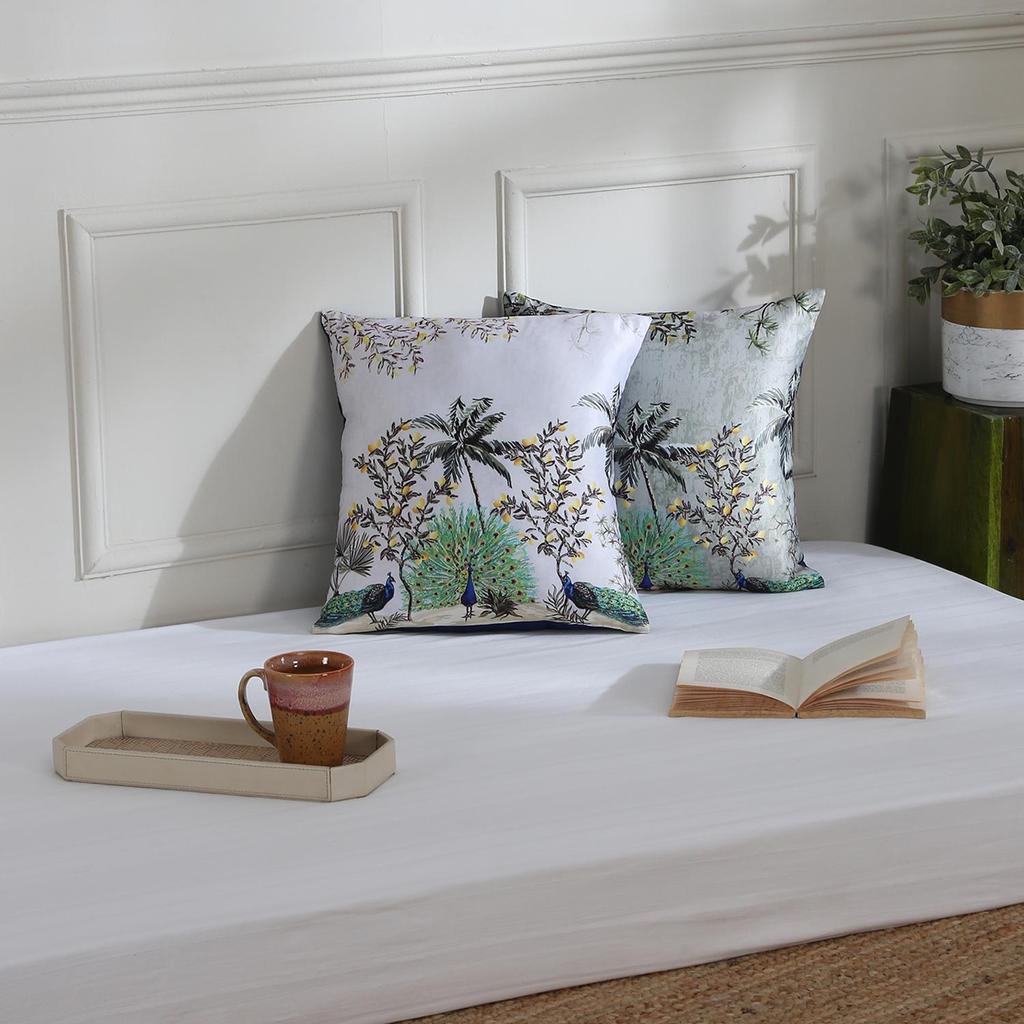 KOKO MAISON INC Dancing Peacock Polystain Cushion Cover (Pack of 2) | Flap Closure | Digital Printed