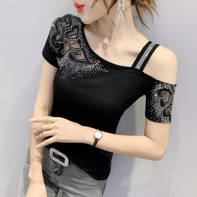 Summer New Design Sexy Fashion Top Small Shirt Off-Shoulder Hot Diamond Hollow Short Sleeve T-Shirt Women