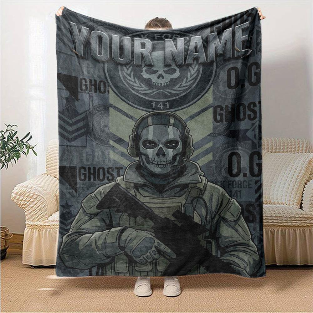 Name Custom Ghost COD Print Flannel Blanket High Quality Warm Comfortable Cover for All Seasons Perfect for Gifts Home Decor