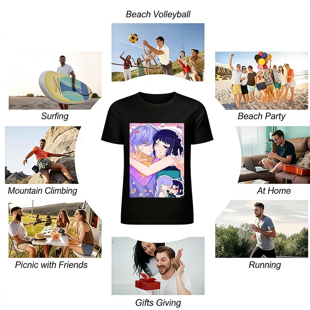 Anime Couple Print T-shirt Casual Loose Fit Unisex Top Trendy Cartoon Style Tees for Daily Wear Pure cotton T-shirt