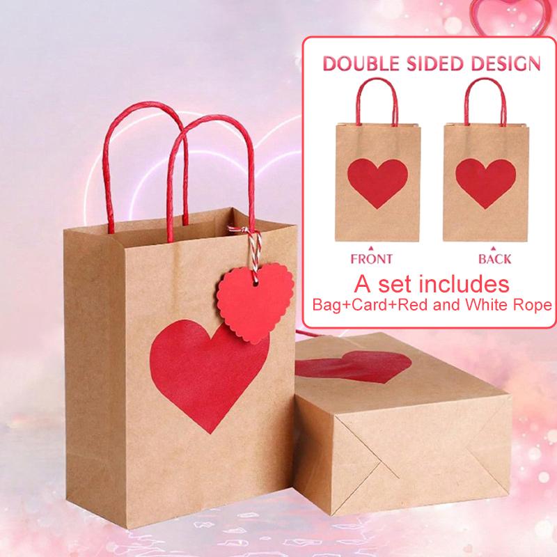 10Pcs/Set Shopping Tote Bag DIY Red Heart Anniversary Party Decor Gift Packing Bags Wedding with Tag Kraft Paper Valentine's Day