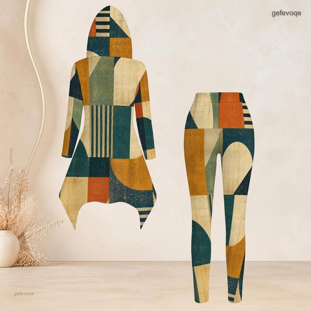 Women Plus Size Two Piece Set Hooded Long Sleeve Geometric Printed High Low Top Fitted Pants