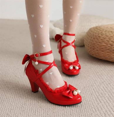 Zapatos de tacón alto con tiras cruzadas para mujer, estilo Mary Jane, para fiesta, boda, Cosplay, color blanco, rojo y negro, con lazo de cuentas, estilo princesa Lolita